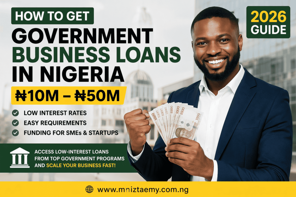Government business loans in Nigeria 2026 banner showing a smiling entrepreneur holding cash with ₦10M–₦50M funding offer and low interest rates.