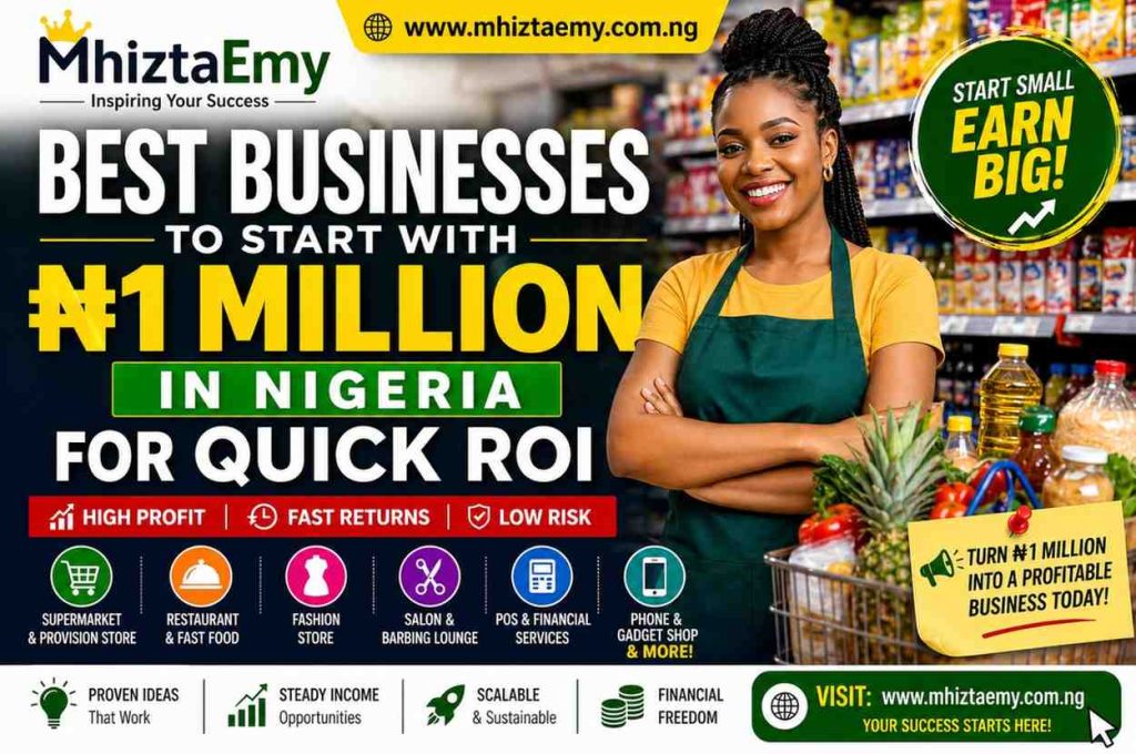 Featured image showing a Nigerian female entrepreneur in a supermarket highlighting best businesses to start with ₦1 million in Nigeria for quick ROI, including retail, food, POS, fashion, and tech business ideas with MhiztaEmy branding