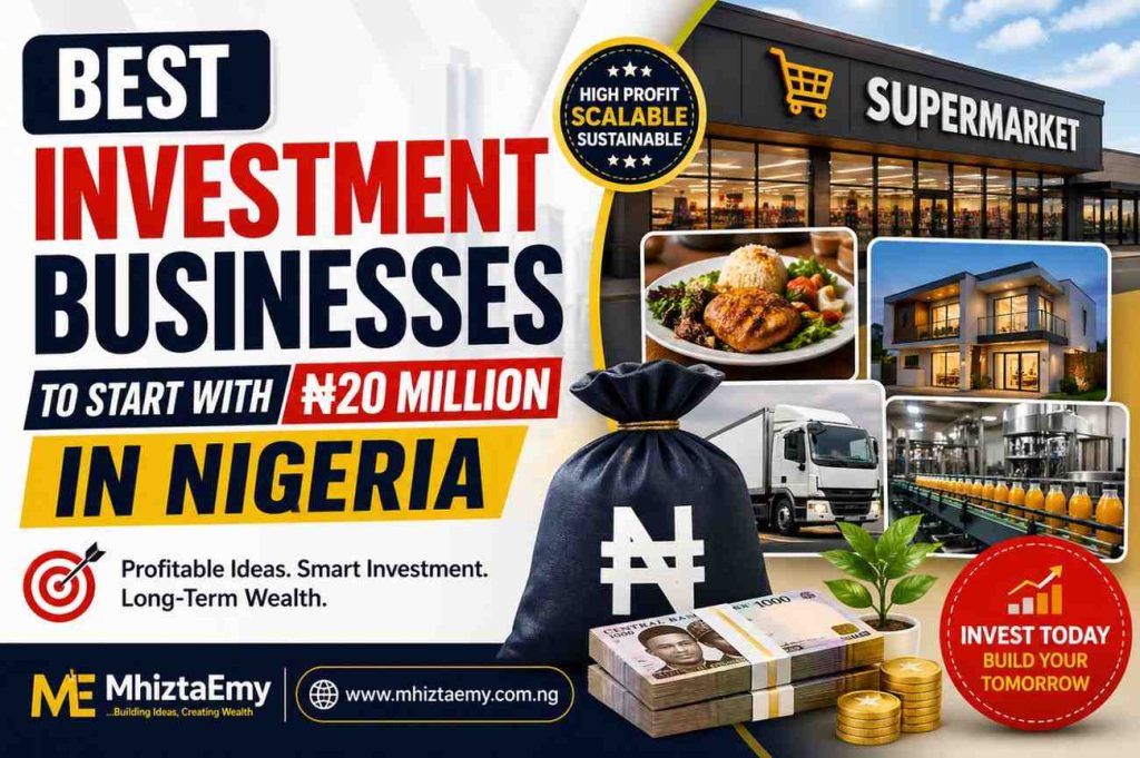 High-converting featured image showing investment business ideas in Nigeria, highlighting ₦20 million startup opportunities including supermarket, logistics, real estate, food production, agriculture, and manufacturing with MhiztaEmy branding.
