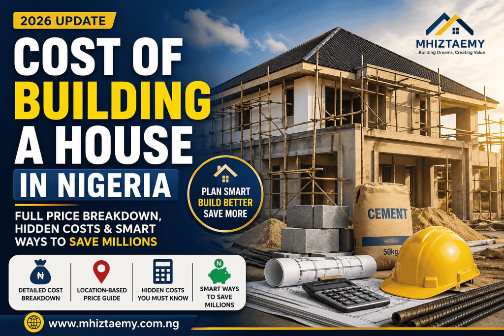 Cost of building a house in Nigeria 2026 showing construction site, cement, blocks and price breakdown guide