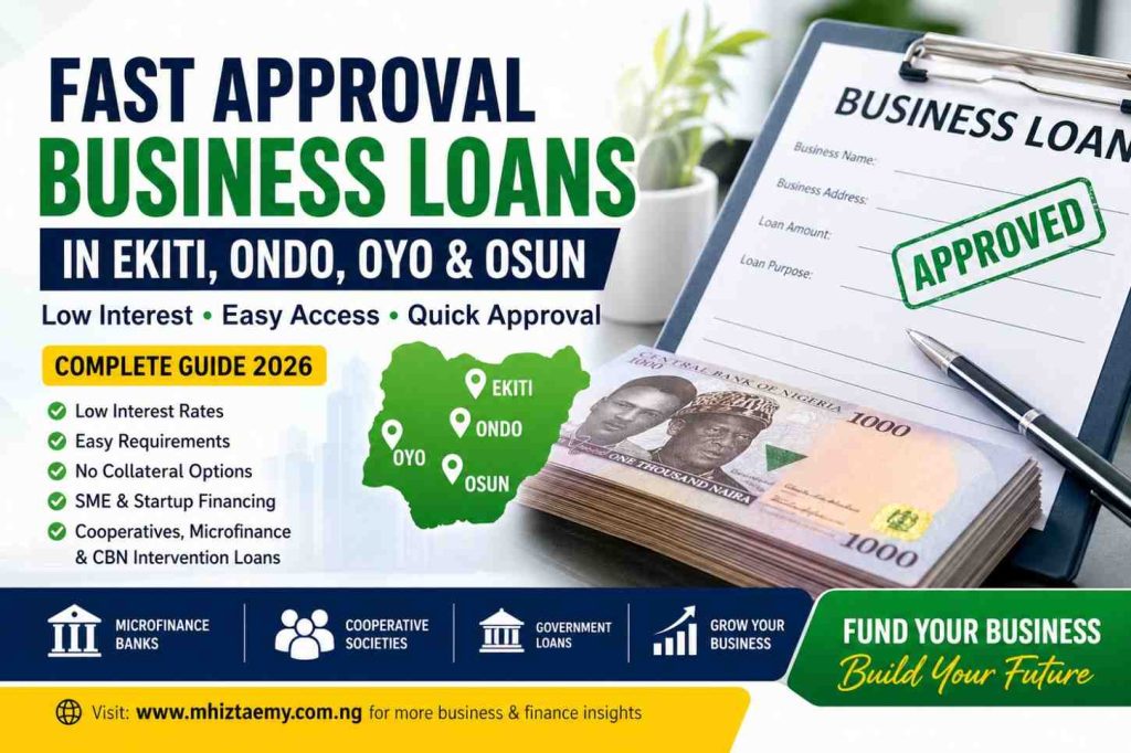 Fast approval business loans in Ekiti, Ondo, Oyo and Osun showing low interest SME financing, quick loan approval, microfinance banks and CBN loan options in Nigeria