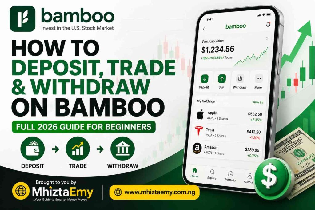 Featured finance banner showing Bamboo investment app guide with smartphone trading dashboard, stock market growth chart, and branding