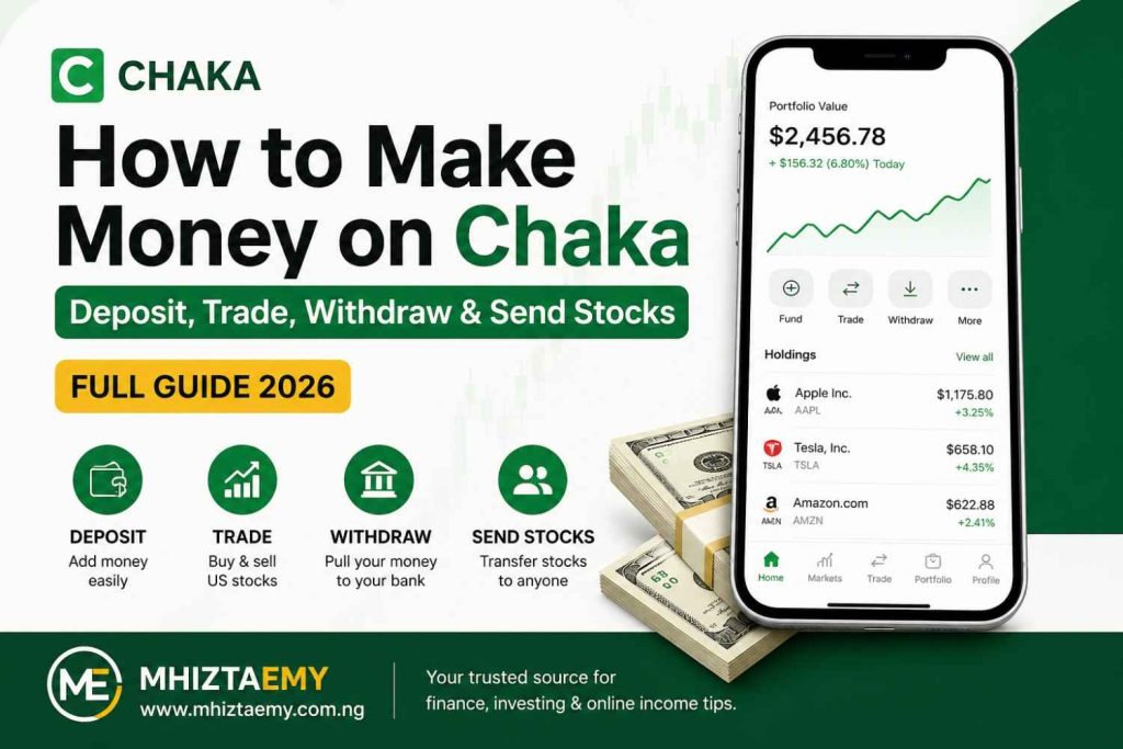 How to make money on Chaka app in Nigeria showing deposit, trade, withdraw and send stocks guide 2026