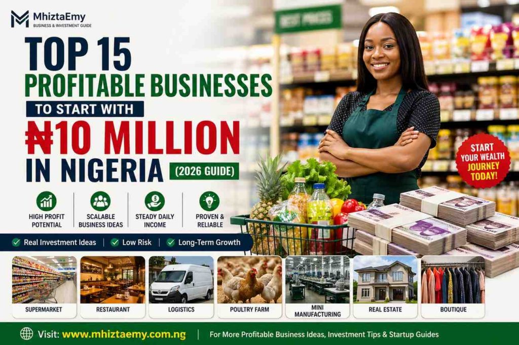 Top profitable businesses to start with ₦10 million in Nigeria featuring supermarket owner and investment ideas