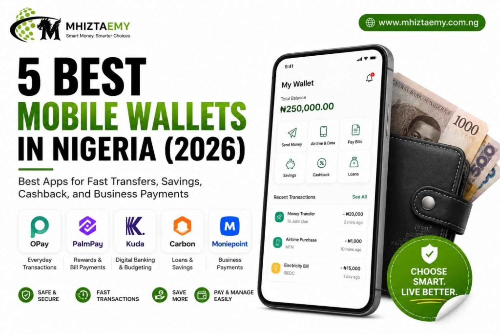 5 Best Mobile Wallets in Nigeria (2026): Best Apps for Fast Transfers, Savings, Cashback, and Business Payments Featured image showing the best mobile wallets in Nigeria 2026 including OPay, PalmPay, Kuda, Carbon, and Moniepoint