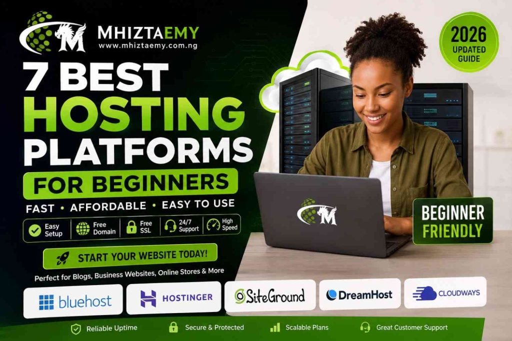 7 Best Hosting Platforms for Beginners in 2026: Fast, Affordable & Easy to Use Best hosting platforms for beginners featured image showing fast, affordable, and beginner-friendly web hosting services with Bluehost, Hostinger, SiteGround, DreamHost, and Cloudways branding.