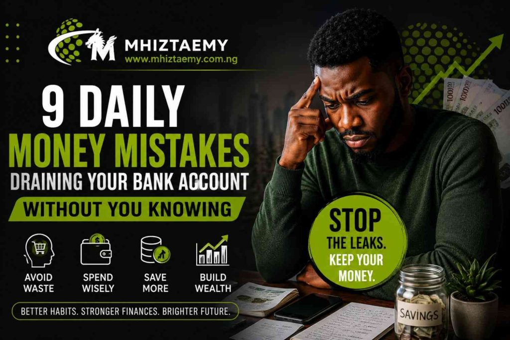 9 Daily Money Mistakes Secretly Draining Your Bank Account in Nigeria Worried Nigerian man thinking about money mistakes with savings jar and financial warning text featured image
