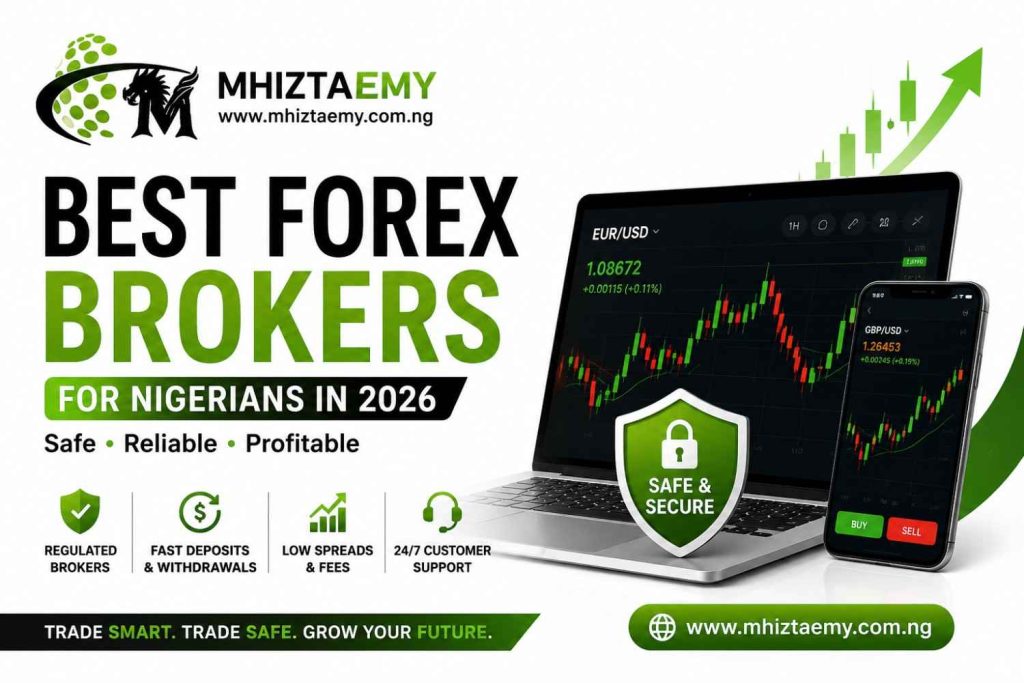 Featured image showing the best forex brokers for Nigerians in 2026 with trading charts, secure shield, and MhiztaEmy branding on a white background.