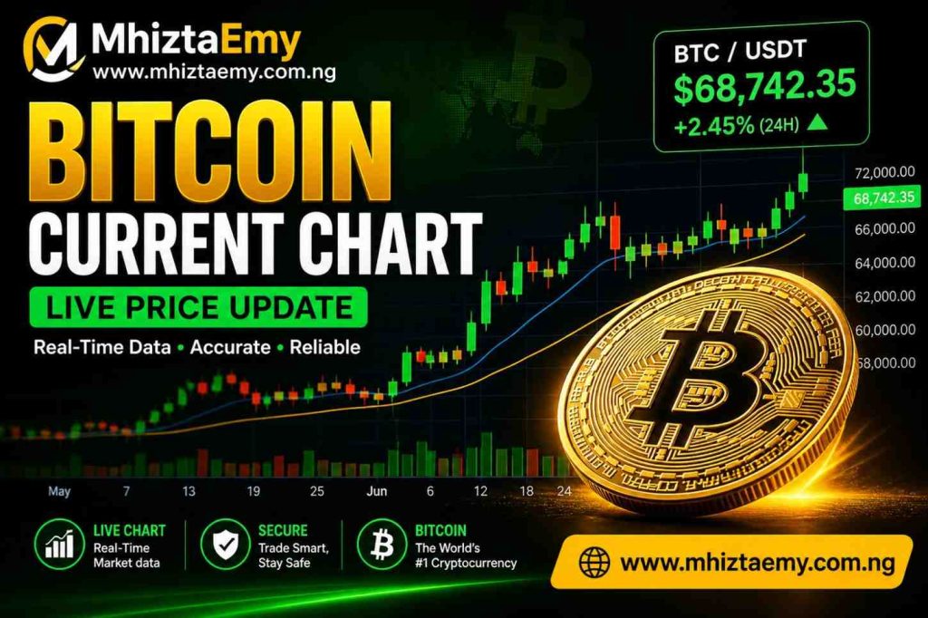 Bitcoin current chart showing live BTC/USDT price update with upward trend and real-time market data for beginners in Nigeria