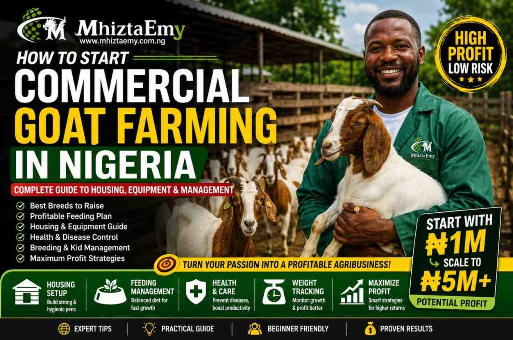 High-converting featured image showing commercial goat farming in Nigeria with a farmer holding a goat, modern goat housing system, and profit-focused livestock farming guide