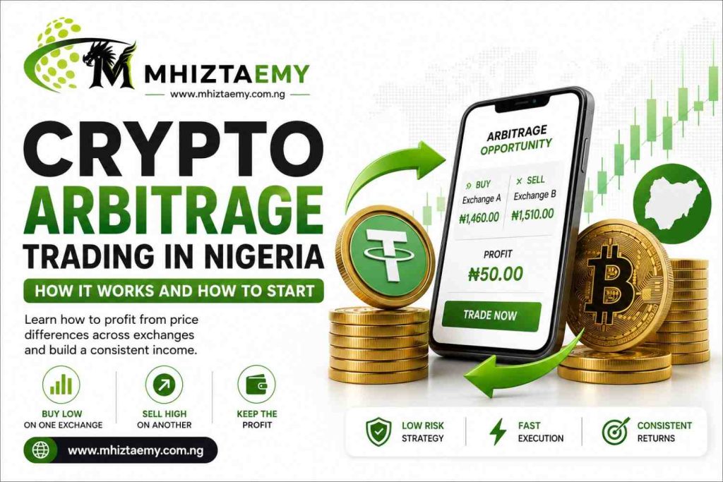 Crypto arbitrage trading in Nigeria showing buy low sell high strategy with mobile app, USDT and Bitcoin coins, and MhiztaEmy branding on a clean white background