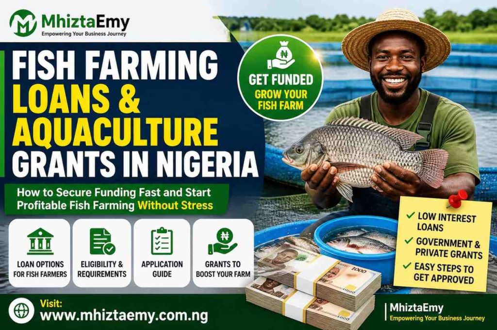 Fish farming loans and aquaculture grants in Nigeria showing a farmer holding fish with funding opportunities for fish farmers