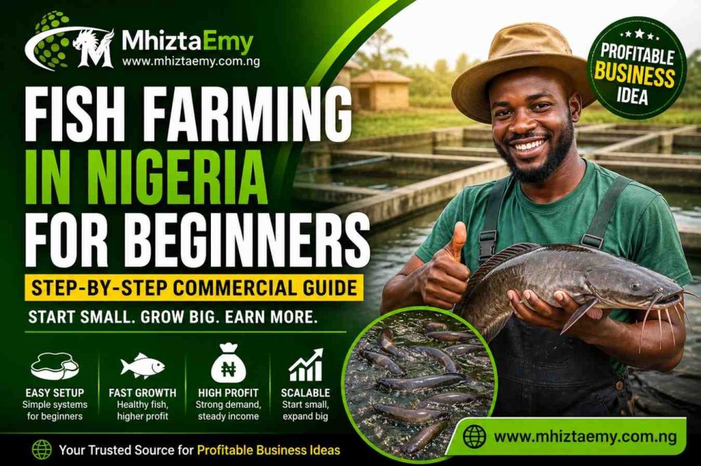 Fish farming in Nigeria showing a beginner farmer holding catfish in a modern pond system