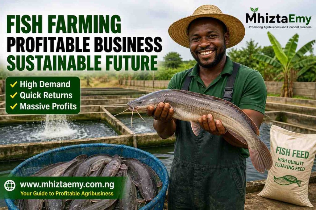 Fish farmer holding fresh catfish in a modern fish farm pond in Nigeria showing profitable aquaculture business