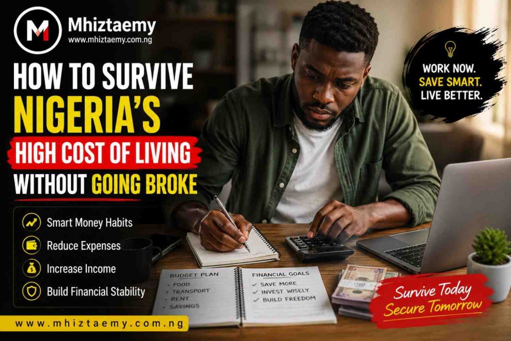 How Nigerians Are Surviving the High Cost of Living Without Going Broke Hardworking Nigerian man planning finances while surviving Nigeria’s high cost of living in 2026
