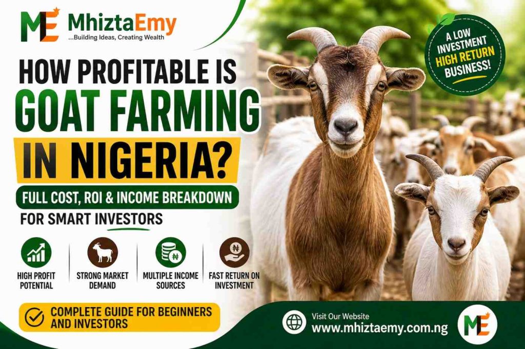 Profitable goat farming in Nigeria showing healthy goats with cost, ROI and income breakdown for beginners and investors