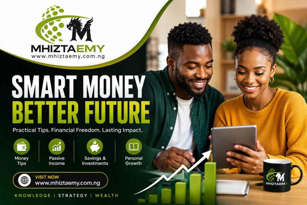 How to Build Financial Discipline as a Young Nigerian and Stop Living Paycheck to Paycheck Young Nigerian man and woman learning smart money habits with Mhiztaemy financial discipline branding