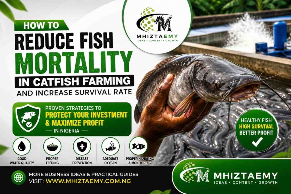 Catfish farming in Nigeria showing healthy fish with aeration system and strategies to reduce fish mortality and increase survival rate