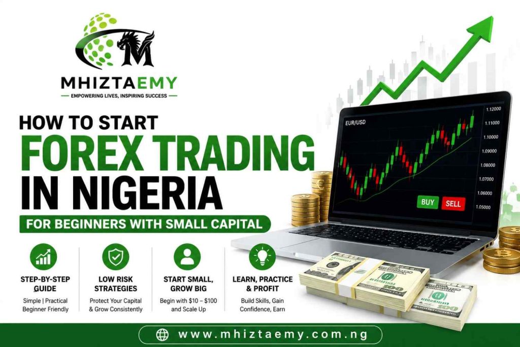 Forex trading in Nigeria for beginners with small capital showing trading chart, laptop