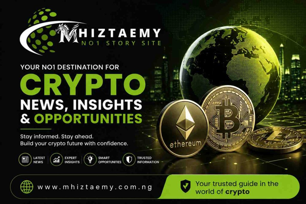 Crypto business in Nigeria guide with Mhiztaemy branding showing Bitcoin and Ethereum coins, global digital network, and financial growth concept