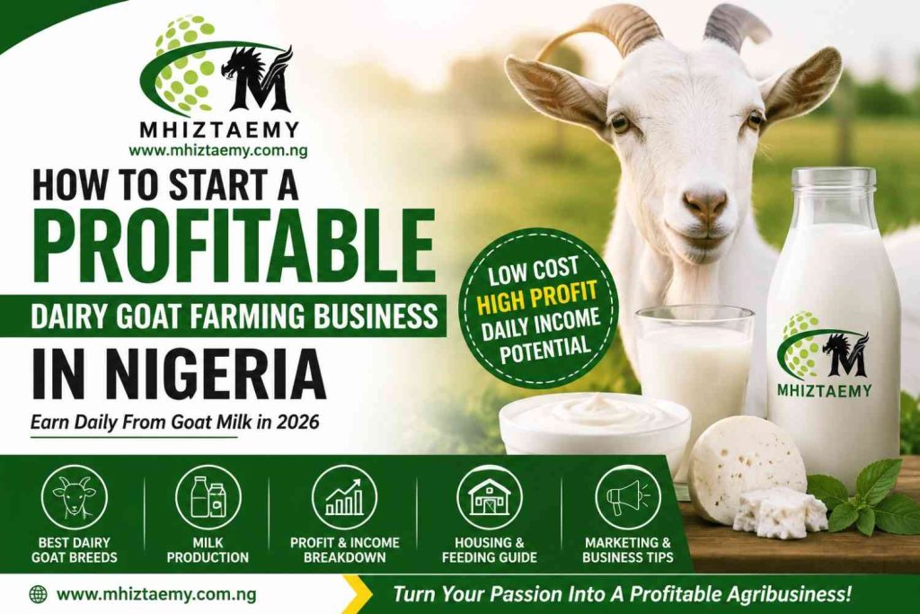 Profitable dairy goat farming business in Nigeria showing goat, fresh milk, and MhiztaEmy branding for daily income opportunities