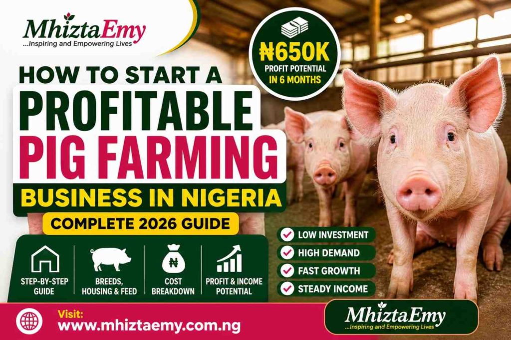 Profitable pig farming business in Nigeria showing pigs in a modern farm with ₦650K profit potential in 6 months
