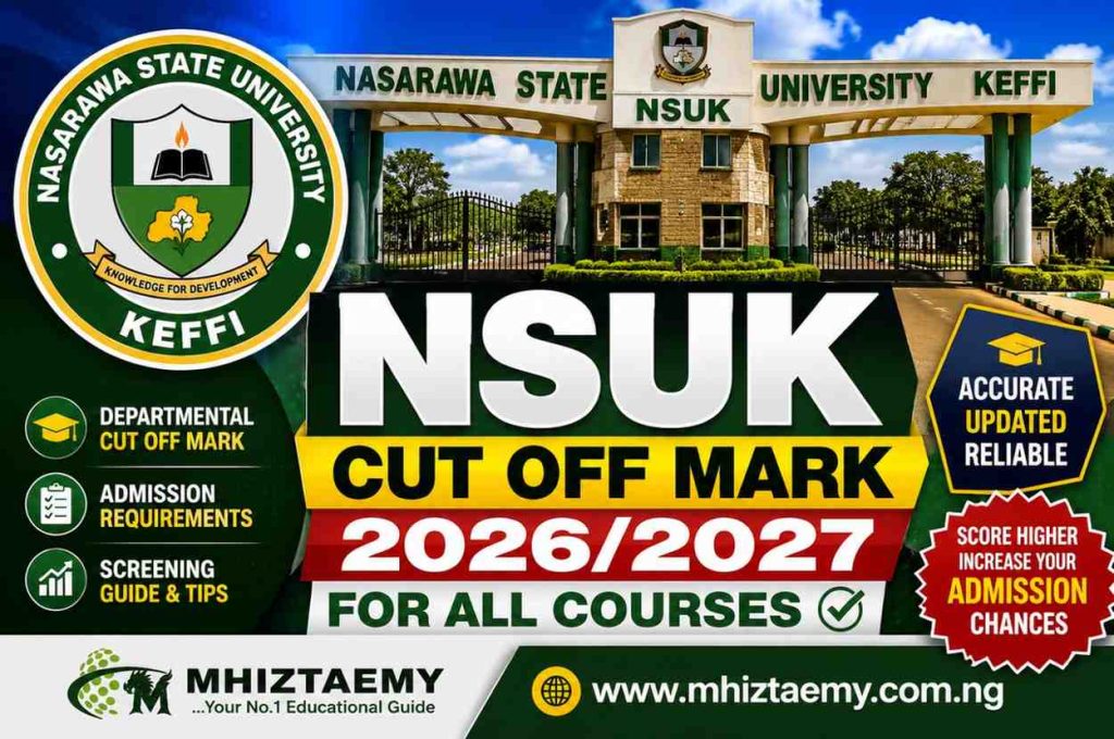 NSUK cut off mark 2026/2027 featured image showing Nasarawa State University Keffi front gate, official school logo, admission screening guide, and departmental cut off marks for all courses.