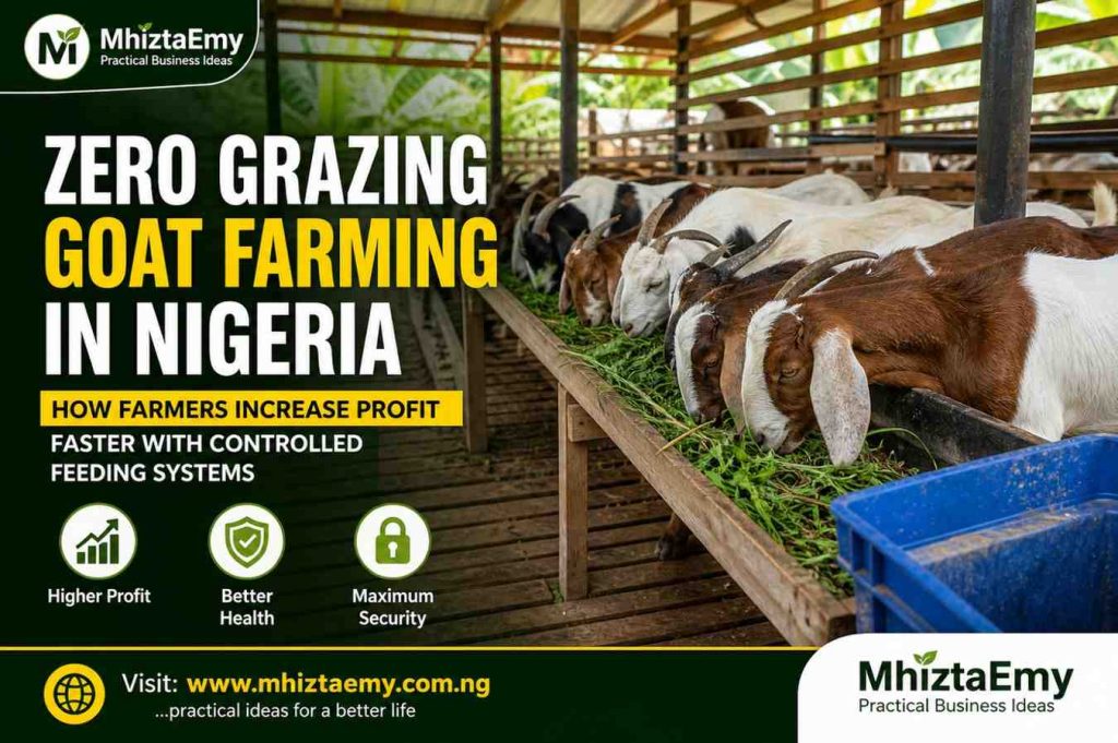 Zero grazing goat farming in Nigeria with goats feeding in a modern housing system and MhiztaEmy branding