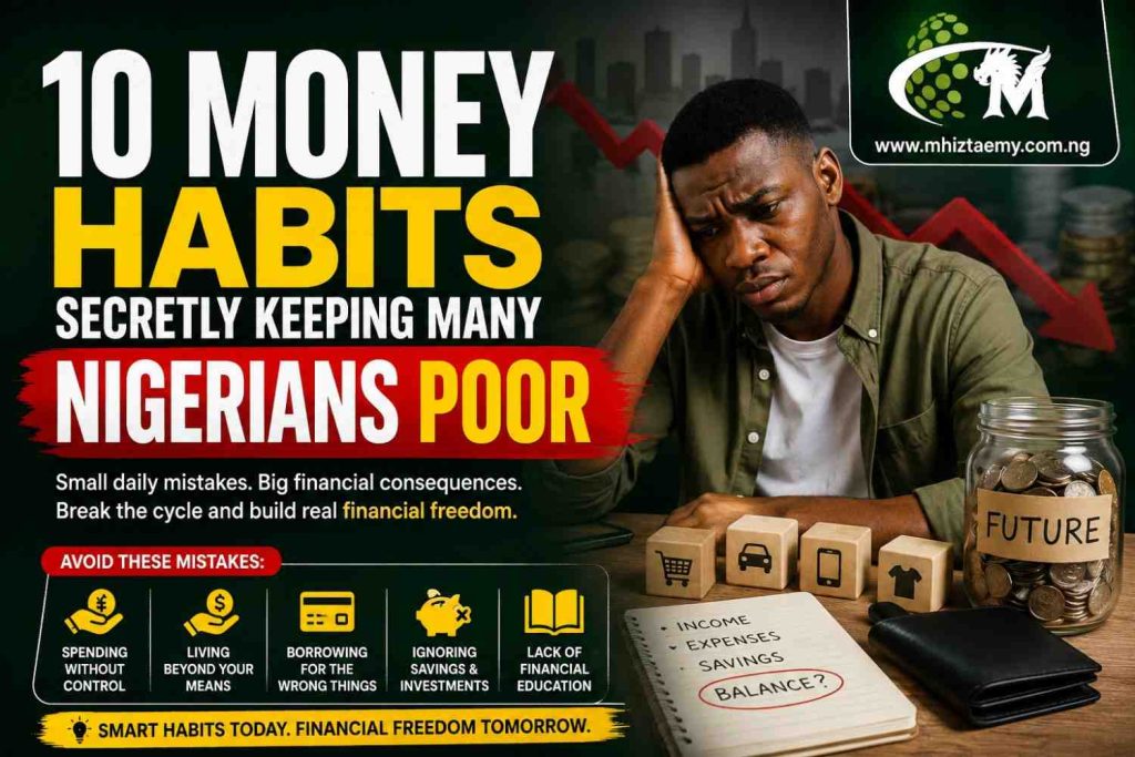 10 Money Habits Secretly Keeping Many Nigerians Poor in 2026 Worried Nigerian man with falling financial chart illustrating 10 money habits secretly keeping many Nigerians poor and preventing financial growth.