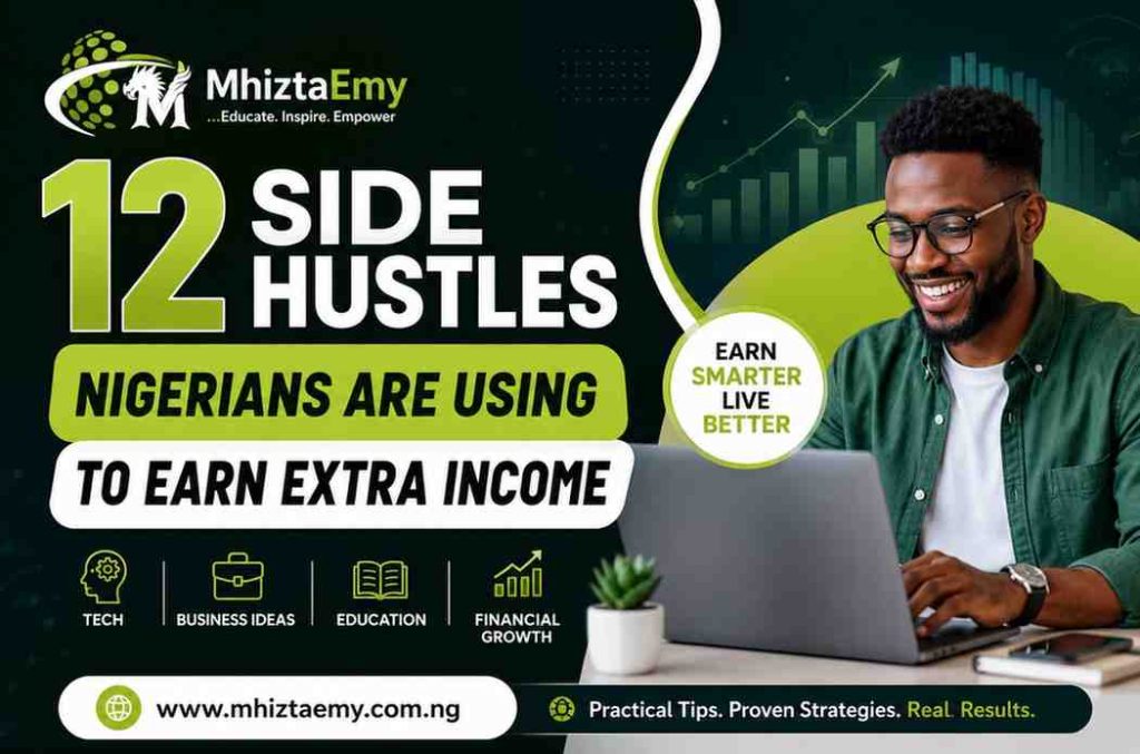 12 Side Hustles Nigerians Are Using to Earn Extra Income and Stay Financially Stable 12 Side Hustles Nigerians Are Using to Earn Extra Income featured image with MhiztaEmy logo, financial growth graphics, and a young entrepreneur working on a laptop.