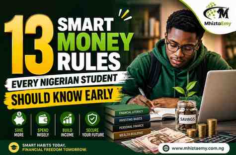 13 Smart Money Rules Every Nigerian Student Should Know Early 13 smart money rules every Nigerian student should know early featuring a student studying, saving money, building income skills, and learning financial literacy