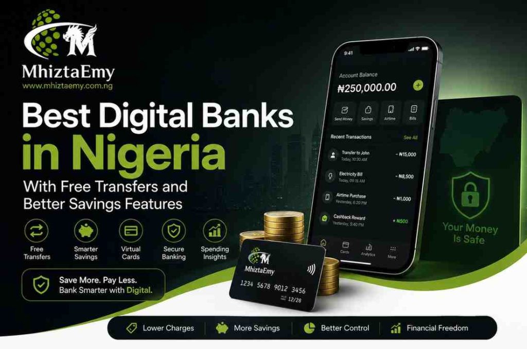 Best Digital Banks in Nigeria With Free Transfers and Better Savings Features (2026 Guide) Featured image showing the best digital banks in Nigeria with free transfers, automated savings features, secure mobile banking, and financial management tools by MhiztaEmy.