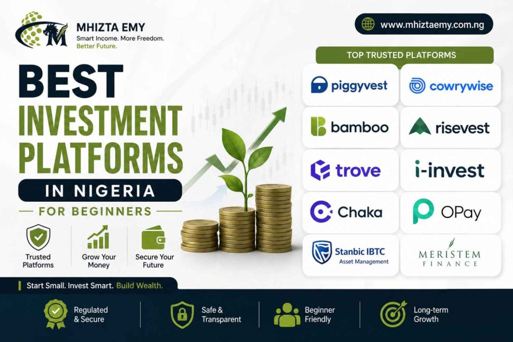 Best investment platforms in Nigeria for beginners featuring PiggyVest, Cowrywise, Bamboo, Risevest, Trove, I-invest, Chaka, OPay, Stanbic IBTC, and Meristem Finance for saving and growing wealth.