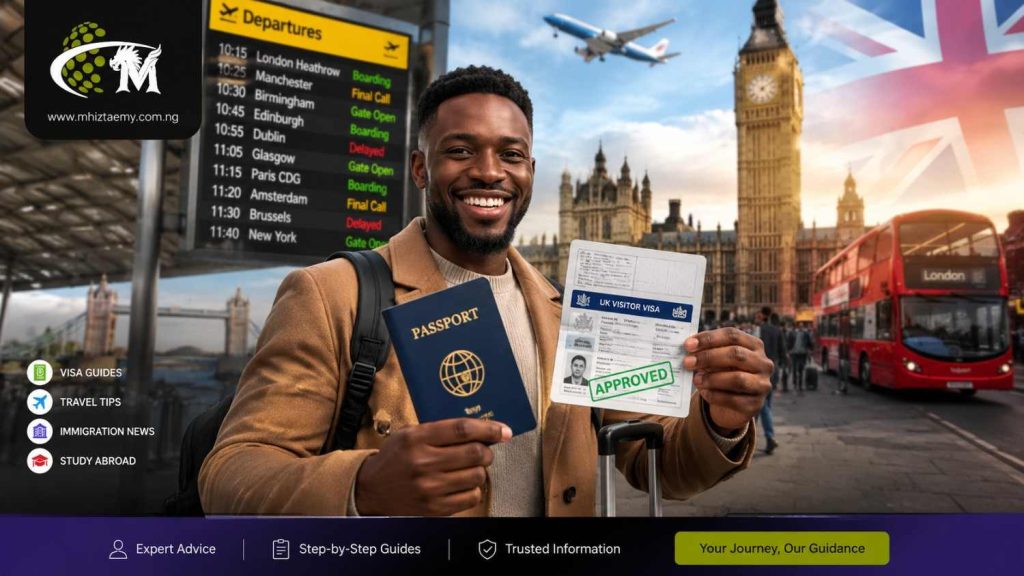 Happy traveler holding a passport and approved UK Visitor Visa at an airport with Big Ben, Tower Bridge, a red double-decker bus, and a departing airplane in the background.