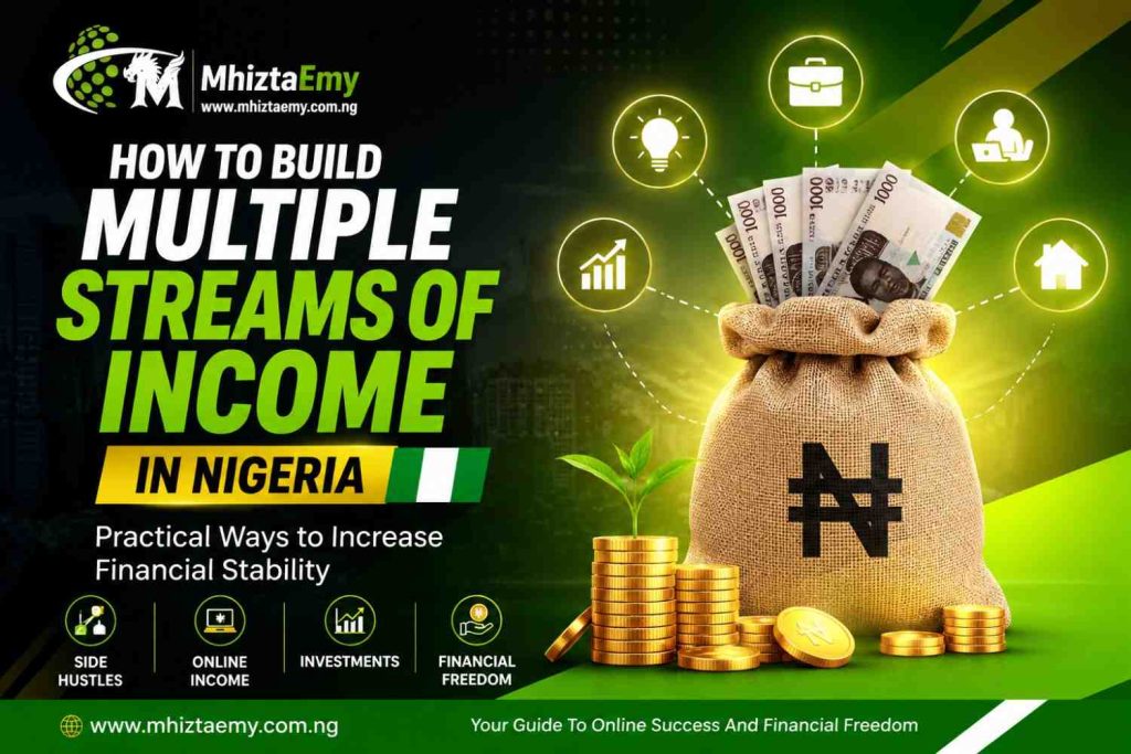 How to Build Multiple Streams of Income in Nigeria: Practical Ways to Increase Financial Stability and Reduce Financial Stress How to Build Multiple Streams of Income in Nigeria featured image showing money bag, Nigerian naira notes, gold coins, online income opportunities, investments, side hustles, and MhiztaEmy branding.