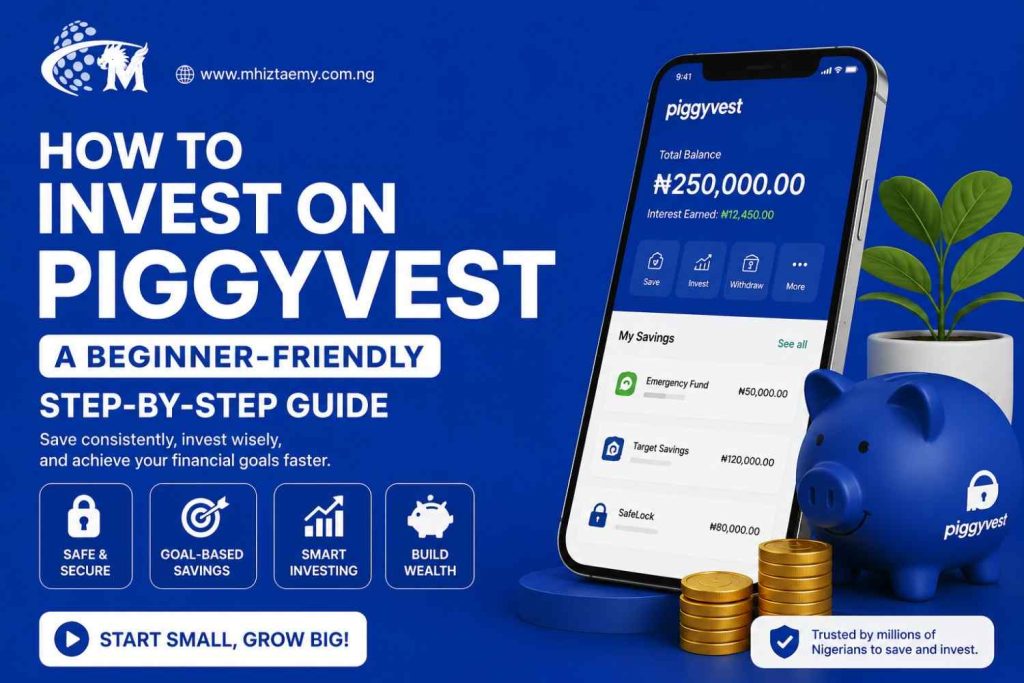 How to Invest on PiggyVest in Nigeria: A Beginner-Friendly Step-by-Step Guide How to Invest on PiggyVest in Nigeria featured image showing PiggyVest app dashboard, savings growth, investment opportunities, piggy bank, and wealth-building concept.