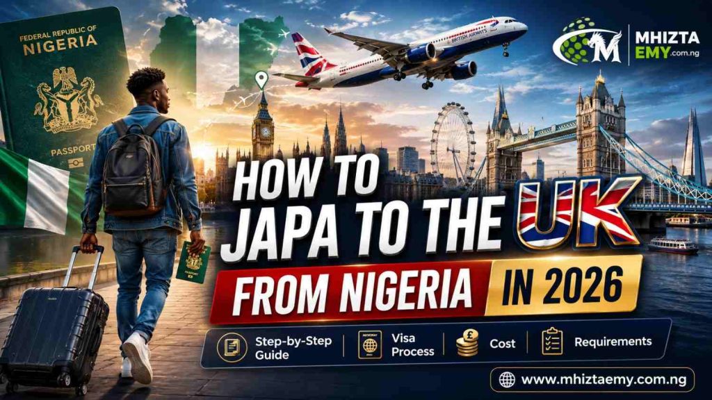 How to Japa to the UK from Nigeria in 2026 featured image showing a Nigerian traveler heading to London with UK landmarks, passport, suitcase,