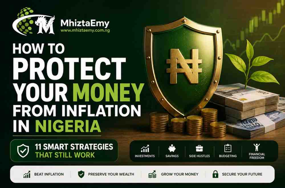 How to Protect Your Money From Inflation in Nigeria: 11 Smart Strategies That Still Work Featured image showing wealth protection strategies in Nigeria with naira symbol shield, cash, investments, and MhiztaEmy branding.