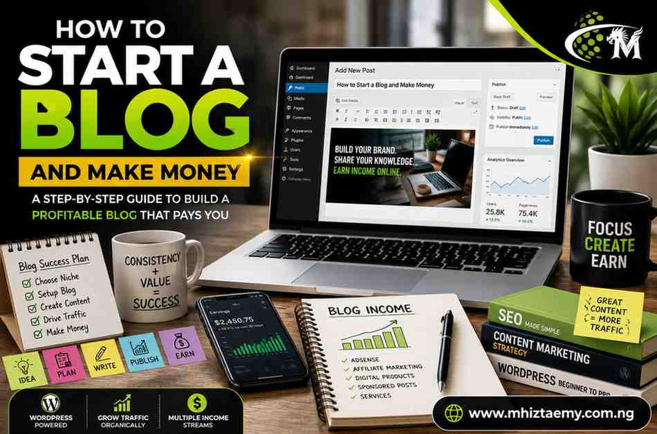 How to Start a Blog and Make Money in 2026: A Beginner’s Roadmap to Building a Profitable Online Income Stream Laptop displaying a blog dashboard with blogging tools, content planning notes, WordPress setup elements, and blog income growth illustrations for beginners learning how to start a blog and make money.