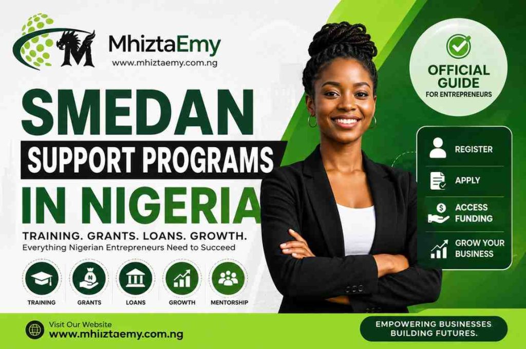 SMEDAN Support Programs in Nigeria: How Entrepreneurs Can Access Training, Grants, Loans, and Business Growth Opportunitie SMEDAN Support Programs in Nigeria featured image showing grants, loans, training opportunities, mentorship, and business growth support for Nigerian entrepreneurs.