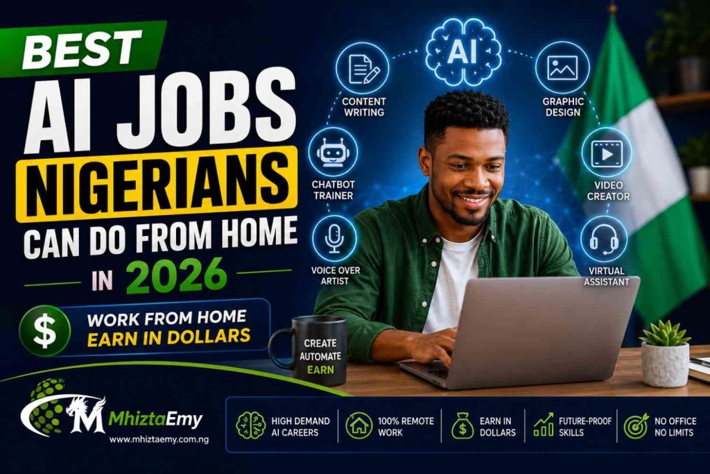 Best AI Jobs Nigerians Can Do From Home in 2026: Earn in Dollars With Remote AI Careers Best AI jobs Nigerians can do from home in 2026, showing a remote worker using AI tools to earn in dollars.