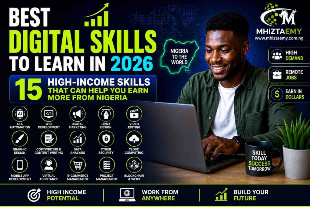 Best Digital Skills to Learn in 2026 featured image showing a Nigerian professional working on a laptop with 15 high-income digital skills including AI, web development, digital marketing, cybersecurity, data analysis, UI/UX design, video editing, and cloud computing.