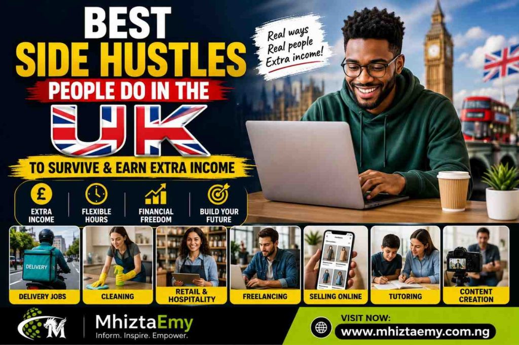 Best Side Hustles People Do in the UK to Survive in 2027 featuring delivery jobs, freelancing, tutoring, cleaning, content creation, and online selling