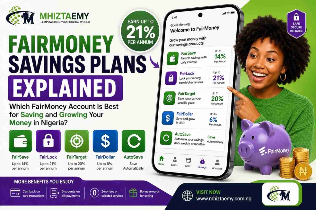 FairMoney Savings Plans Explained: Which FairMoney Account Is Best for Saving and Growing Your Money in Nigeria? FairMoney Savings Plans Explained featured image showing FairSave, FairLock, FairTarget, FairDollar, and AutoSave with MhiztaEmy branding.