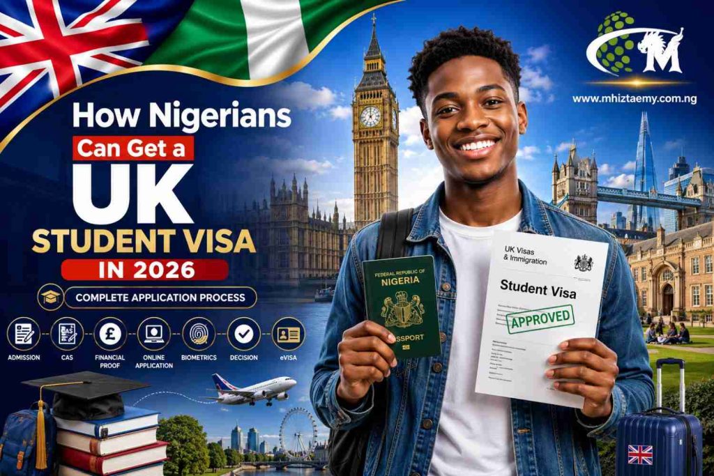 How Nigerians Can Get a UK Student Visa in 2026: Complete Application Process Young Nigerian student holding a passport and UK Student Visa approval letter with London landmarks, illustrating the UK Student Visa application process in 2026.