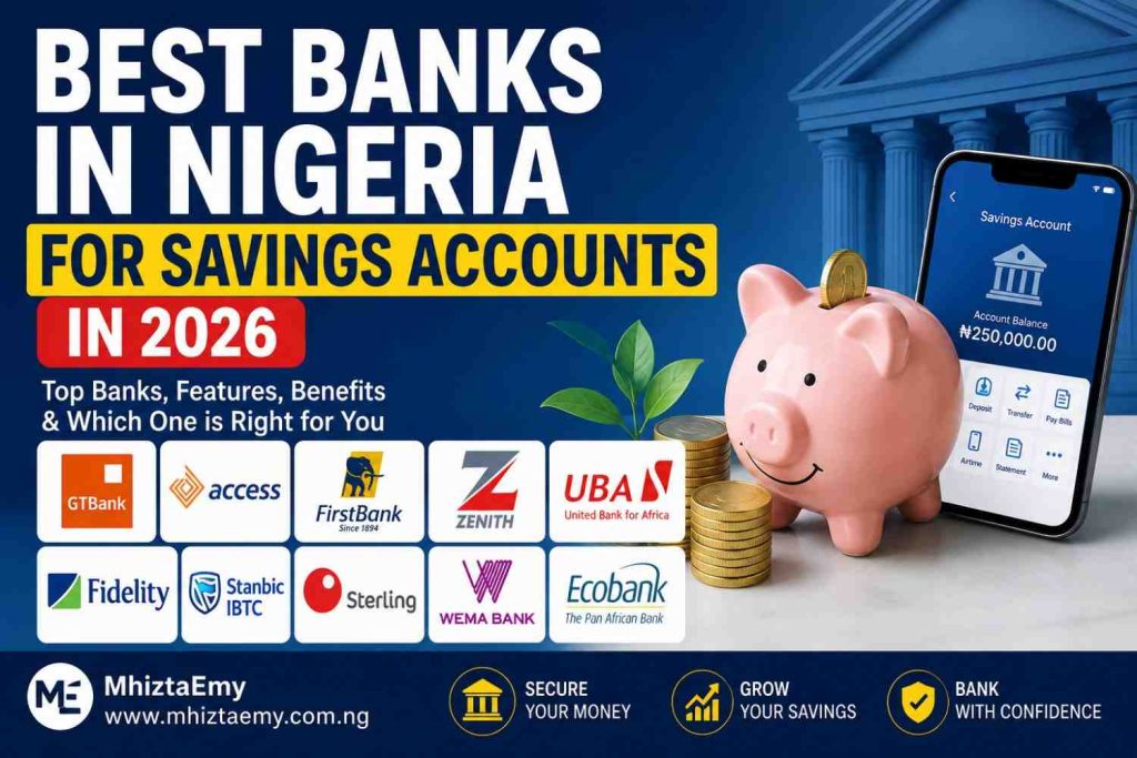 Best banks in Nigeria for savings accounts in 2026 featuring GTBank, Access Bank, First Bank, Zenith Bank, UBA, Fidelity Bank, Stanbic IBTC, Sterling Bank, Wema Bank, and Ecobank