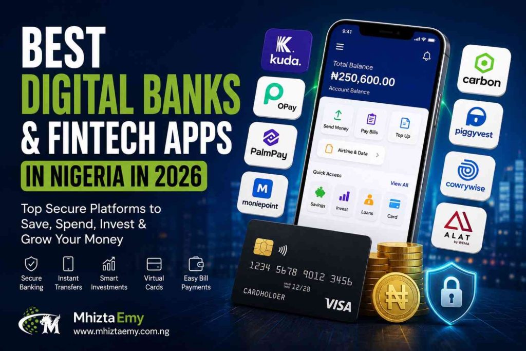 Featured image showing the best digital banks and fintech apps in Nigeria in 2026 with Kuda, OPay, PalmPay, Moniepoint, Carbon, PiggyVest, Cowrywise, ALAT,